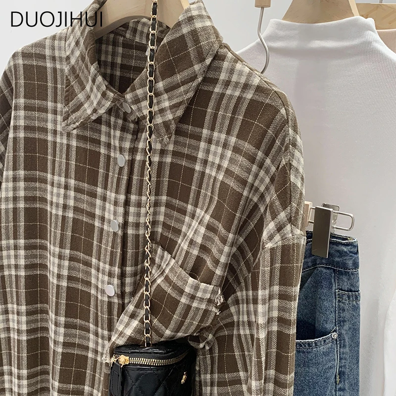 DUOJIHUI-Chemise classique à manches longues pour femme, vêtement simple et décontracté, à carreaux, vintage, pour document d'abonnés, à la mode, automne