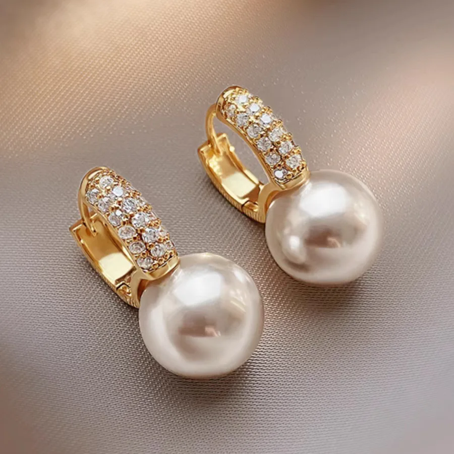 Gold Plated Round Imitation Pearl Hoop Earrings For Women Inlaid Crystal Zircon Elegant Earring Bridal Wedding Party Jewelry