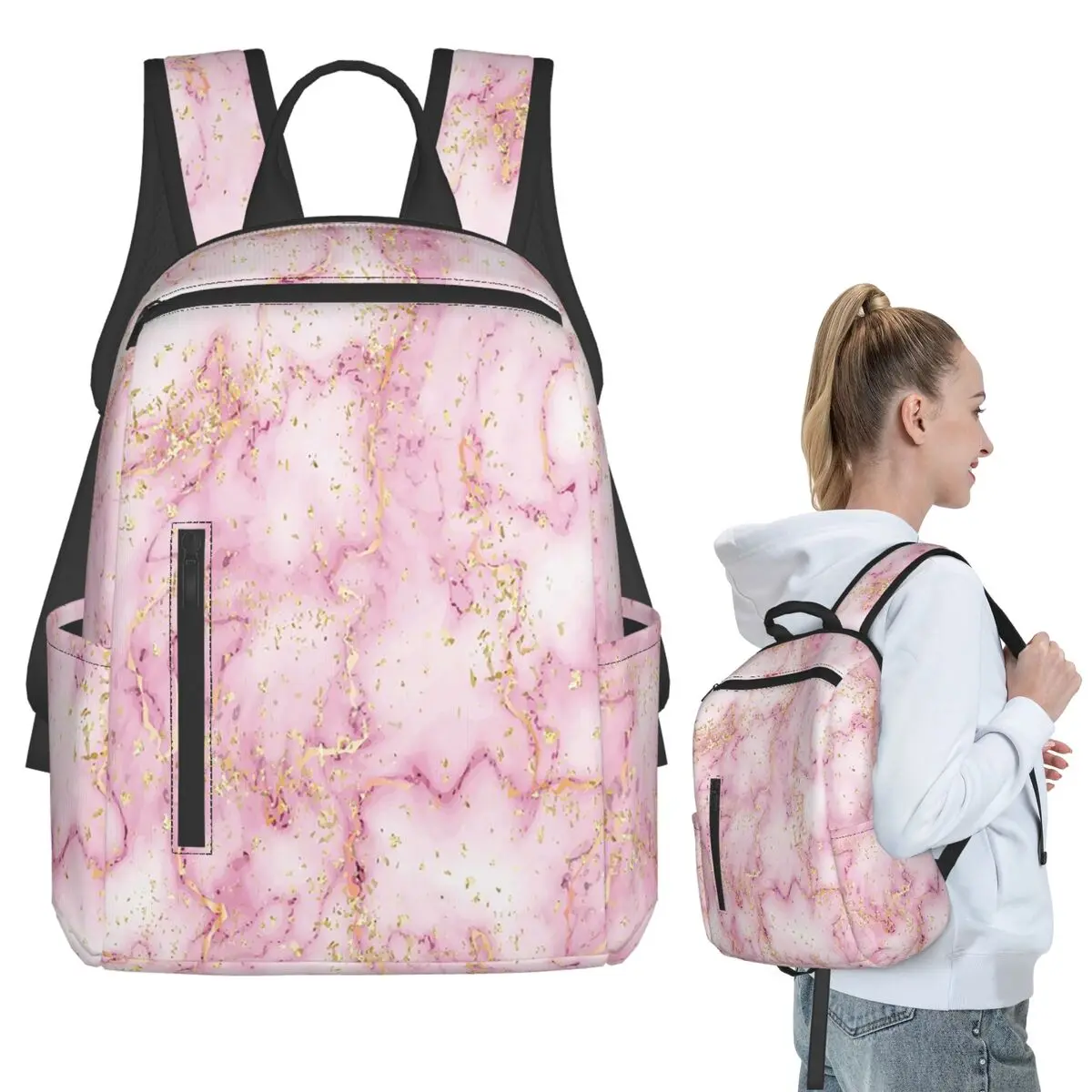 

Light Pink Golden Marble Pattern Backpack Student BookBag Kids School Bag Laptop Shoulder Bags Boys Girls