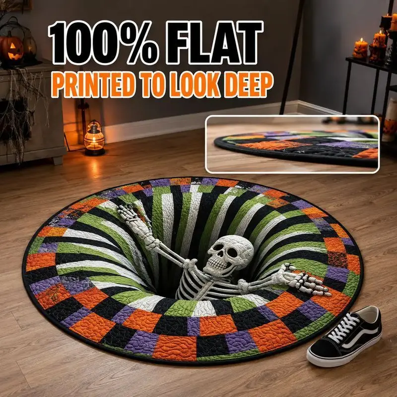 VIKAMA Halloween Round Rug Welcome To The Vortex Skeleton 3D Illusion Non Slip Area Rug Entryway Spooky Decor Festive Soft Funny