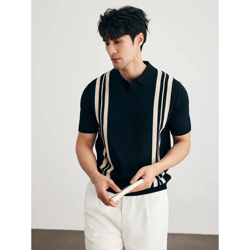 Summer Men'S-Shirt Short Sleeve Trendy Knitwear High-End Hong Style Mature Turn-Down Collar Tee Top