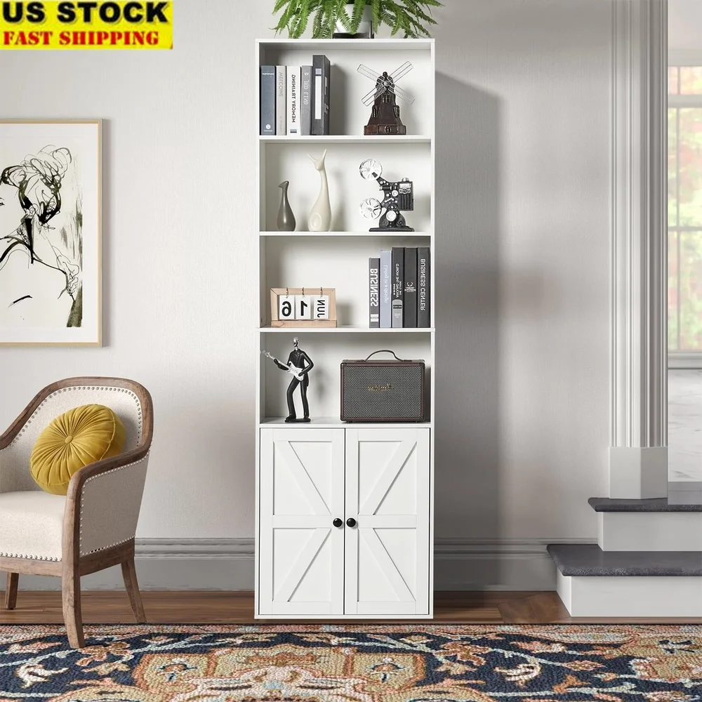 

6-Tier Wood Grain Bookcase with Hidden Storage Barn Doors Living Room Office Home Decor Organization