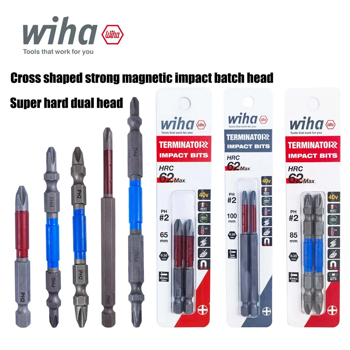 Wiha 2-pack Terminator impact screwdriver head, PH2 high torque screwdriver head tool accessory, 65-110mm (91001C-91011C)