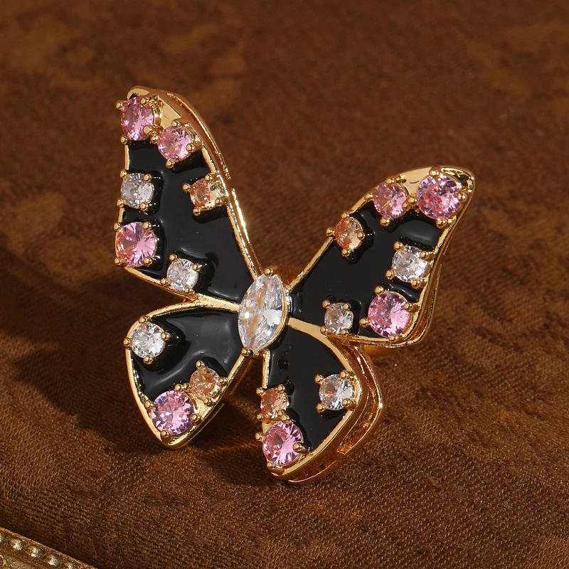 

Vintage Zircon Pink Butterfly Rings For Woman Black Enamel Crystal Real Gold Plated Rhinestone Large Luxury Brands Jewelry 2025