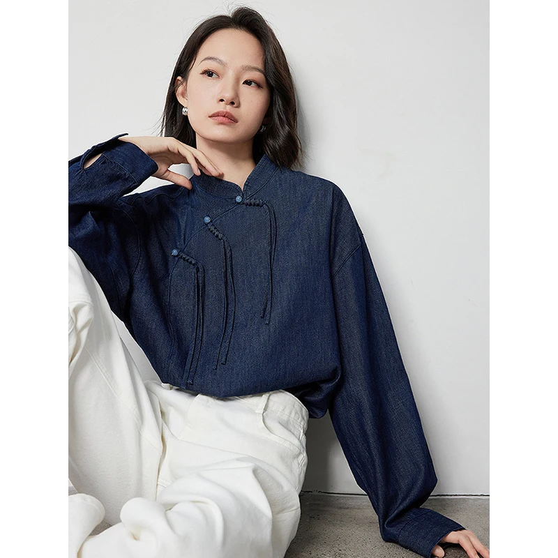 TOYOUTH Women Blouse Shirt 2024 Autumn New Chinese Style Stand Collar Pan Button Denim Long Sleeve Pullover Blouse Shirts Tops