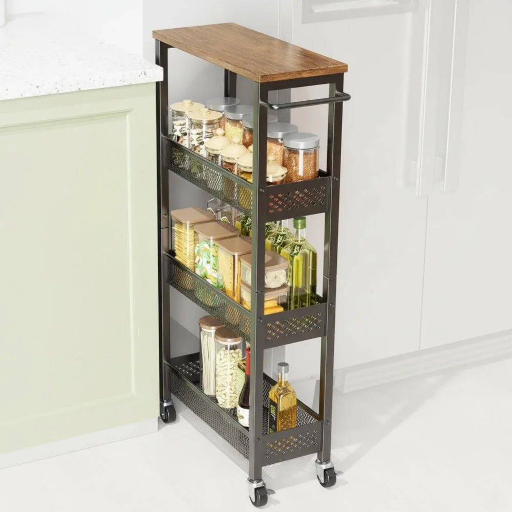 عربة دوارة رفيعة مكونة من 4 طبقات مع عجلات - مساحة تخزين ضيقة للمساحات الصغيرة، عربة أدوات متنقلة مع سطح خشبي