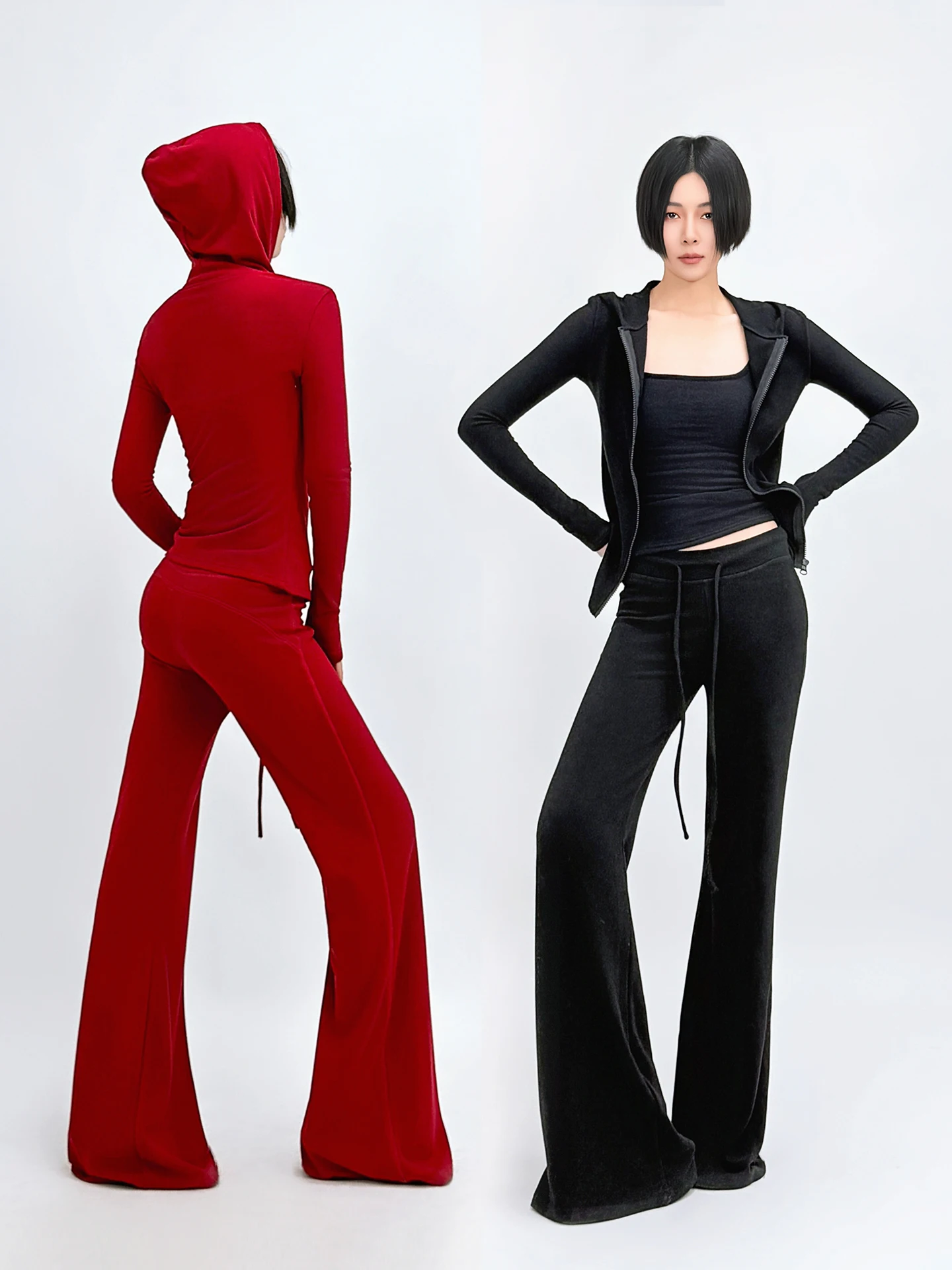 

Spring Early Zipper Hooded Cardigan Slim Fit Women's Velvet Long Pants Faionable Two-Piece Set High Waist Straight Leg Trou...