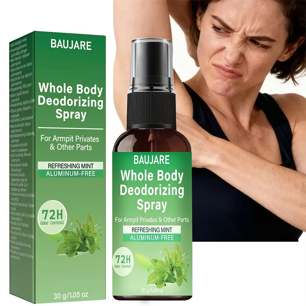 Whole Body Deodorizing Spray Refreshing Mint 72H Odor Control Aluminum-Free for Armpit & Body with Collagen HA 30g