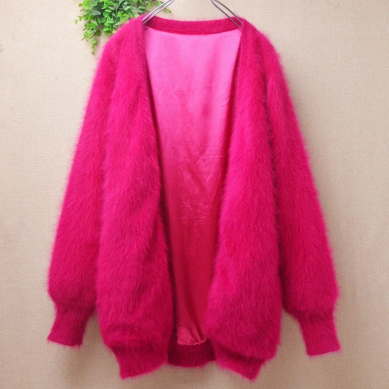 04 Ladies Women Fall Winter Colored Hairy Mink Cashmere Knitted Long Lantern Sleeves Slim Cardigans Mantle Angora Fur Sweater