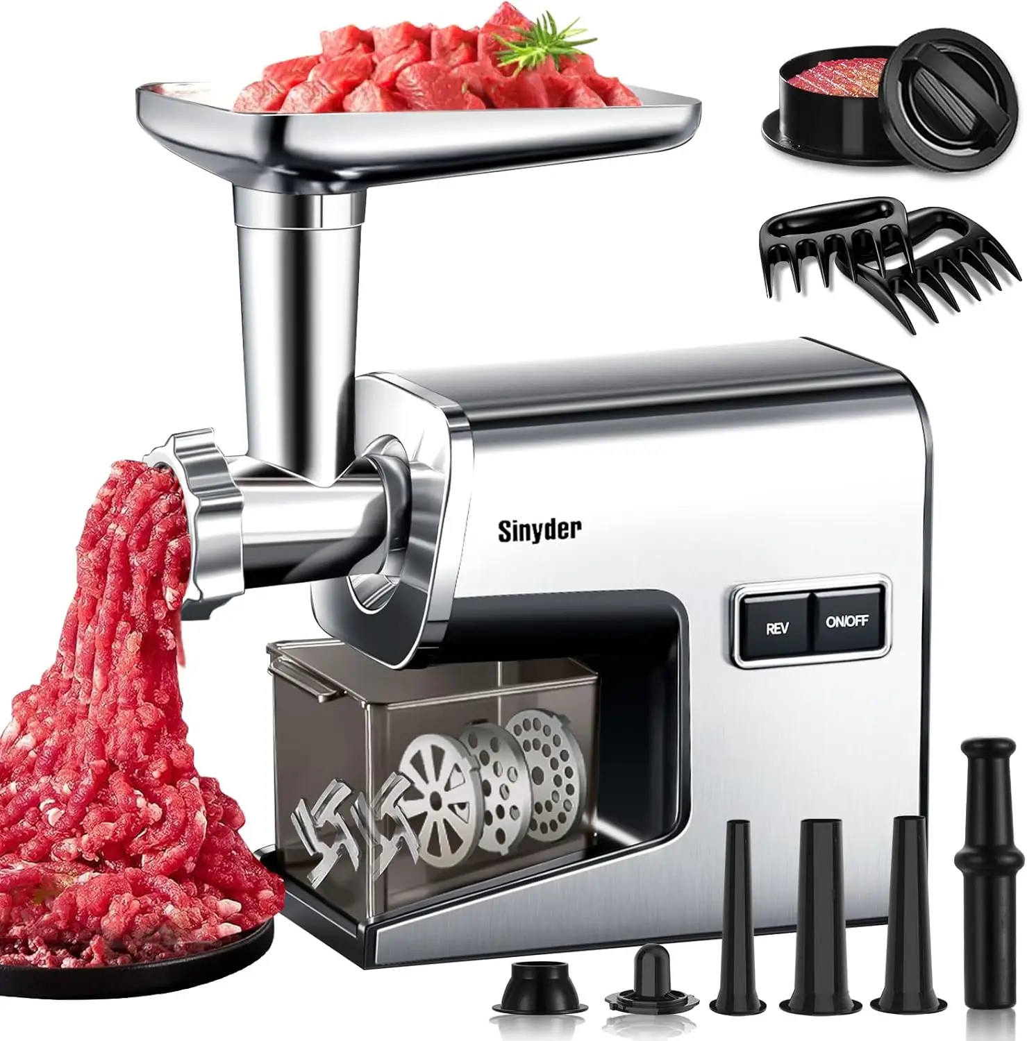 

Electric Meat Grinder with 2 Blades, 3 Plates, Pusher, Claw, Sausage Tubes & Kubbe Kit