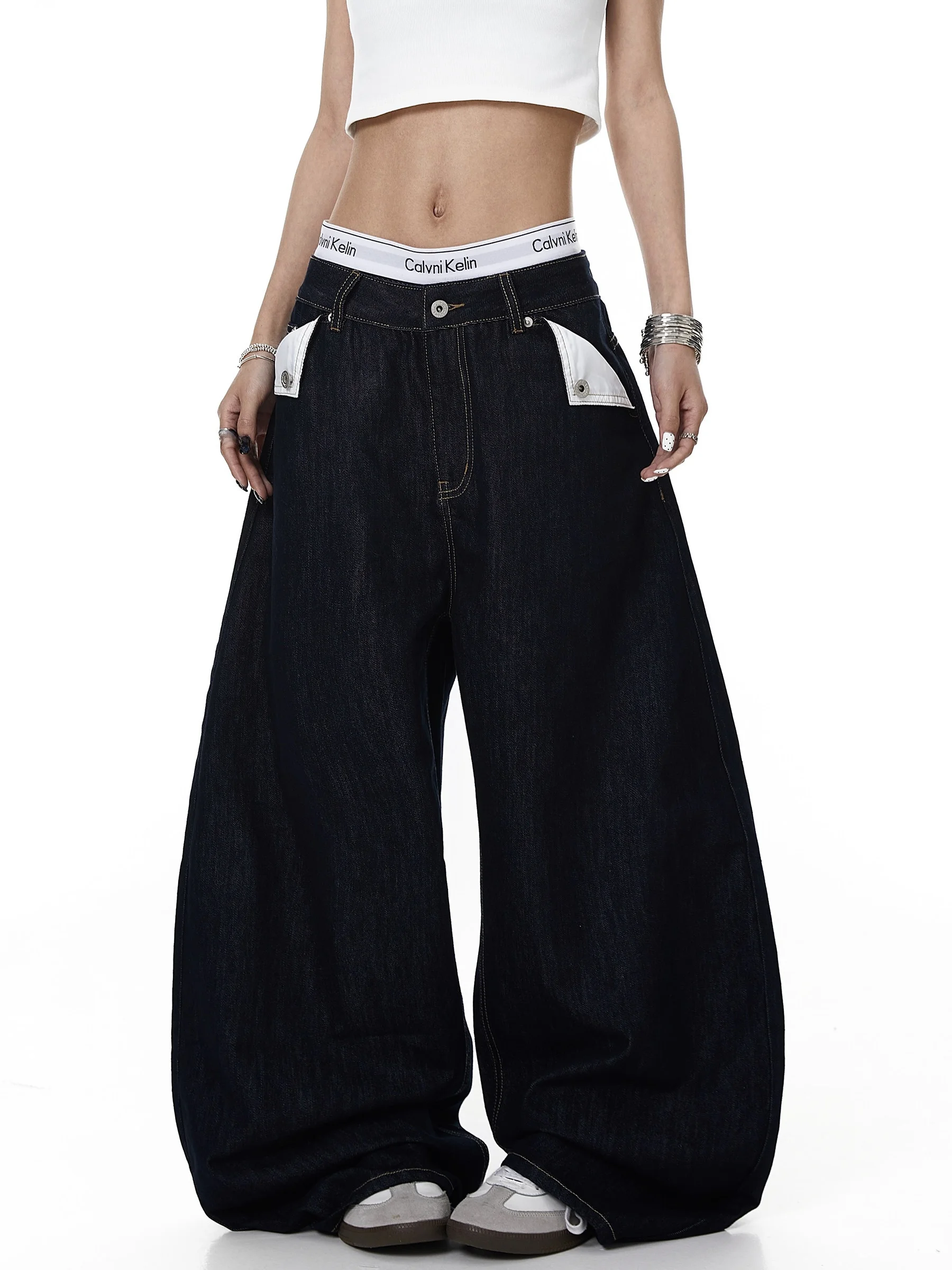 American High Street Original Color Denim Waist Buckle Shape Design Jeans Men's Casual Loose Wide Leg Casual Pants