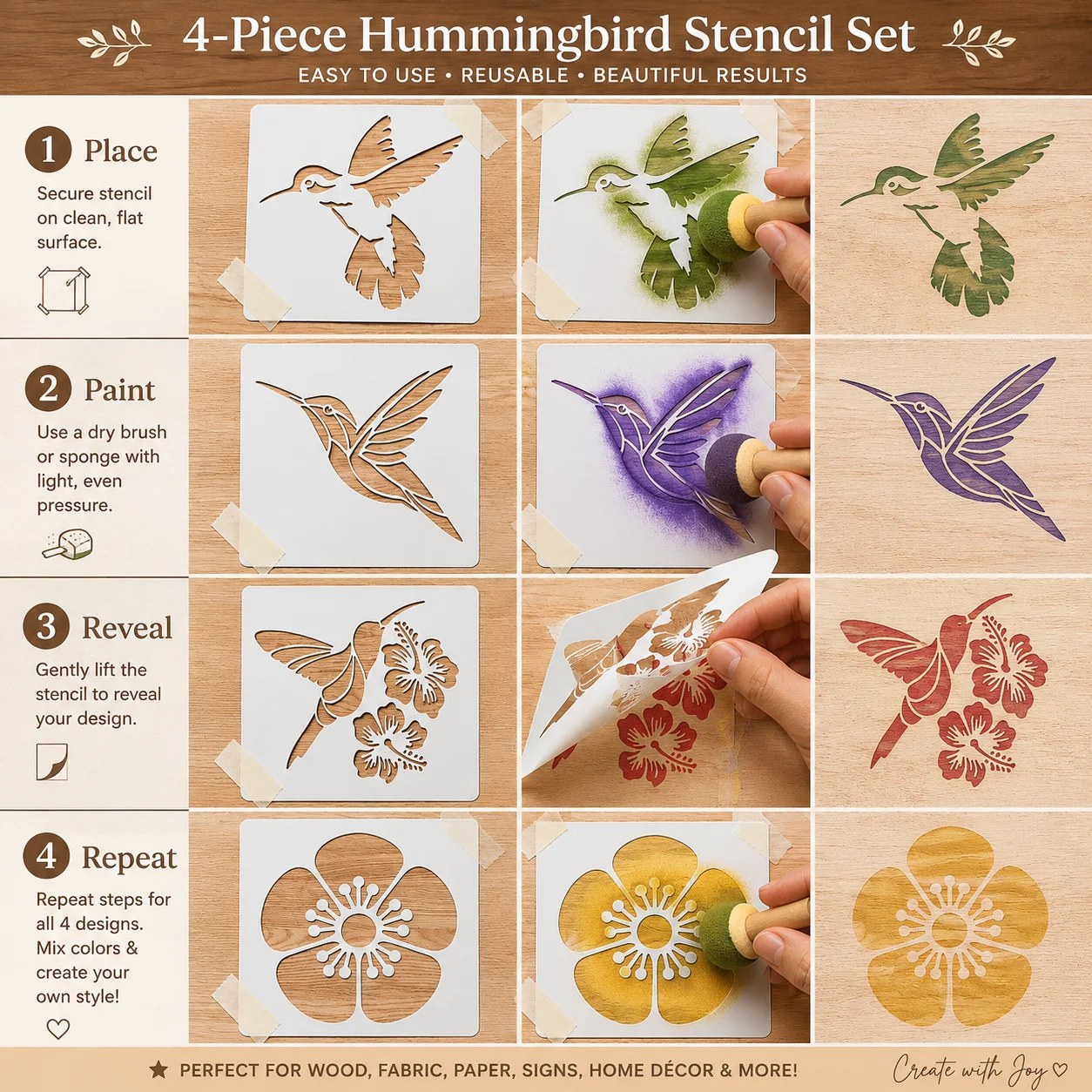 4 Stück 5,1 x 5,1 Zoll große Kolibri-Blumen-Schablonen, wiederverwendbare Vogel- und Blumenmalvorlagen für DIY-Wanddekoration auf Leinwand und Stoff – Detail 4