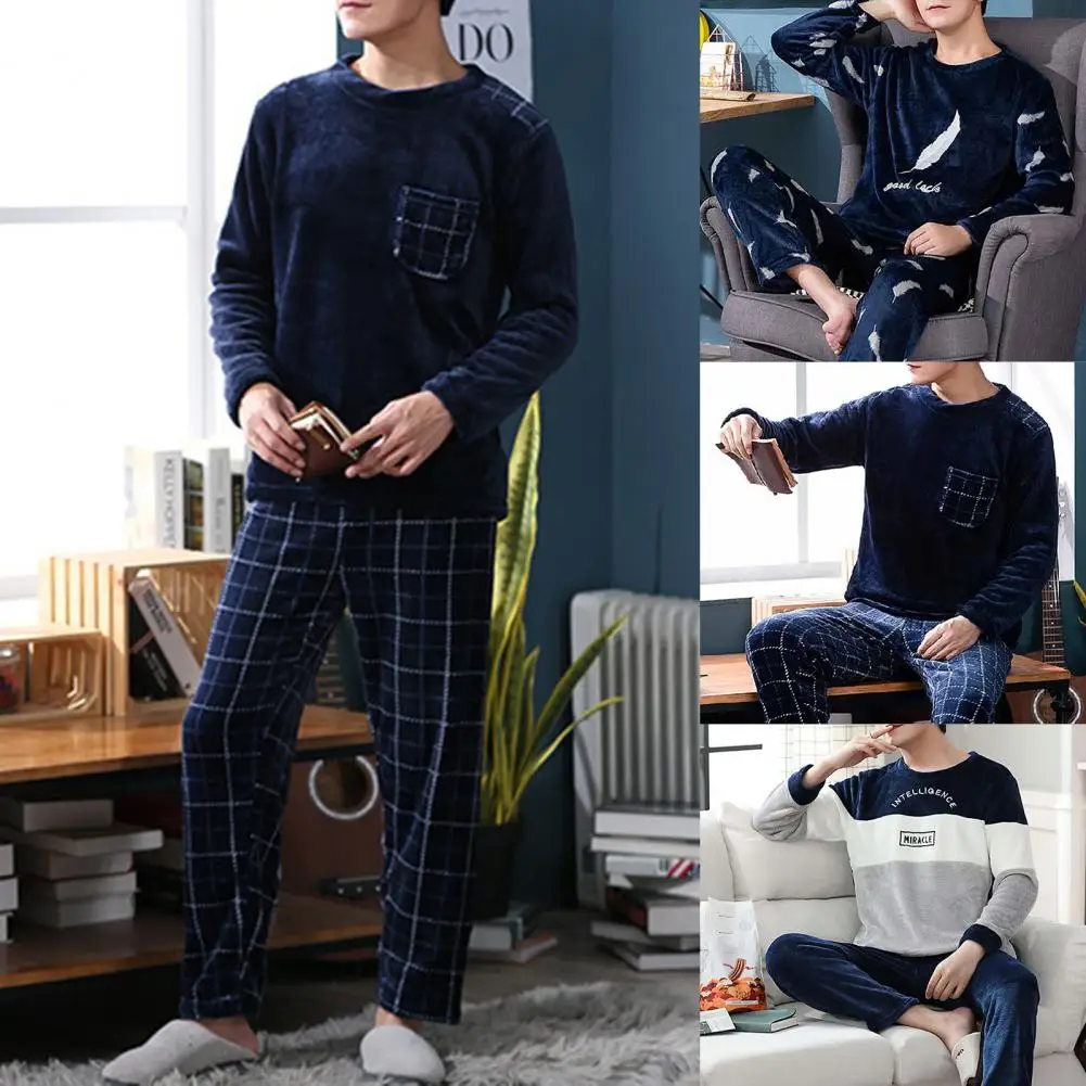 2 Pcs/Set Casual Men Long Sleeve Nightwear Set Two-piece Nightwear Set Thick Warm Flannel Pajama Sets Homewear Clothes