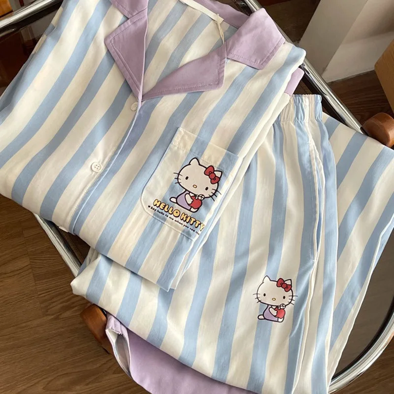 

Sanrio Hello Kitty Anime Women Pajamas Cartoon KT Cat Printing Striped Long-sleeved Cardigan Spring Autumn Comfortable Homewear