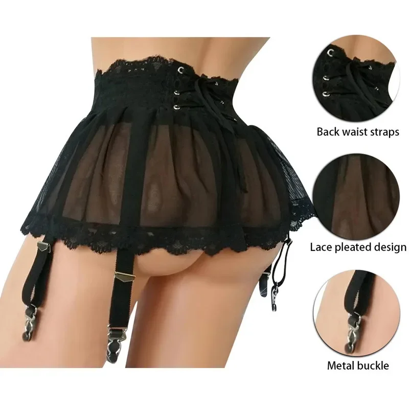 Women\'s Sexy Lingerie Plus Size Lace Garter Strap Transparent Lingerie Adjustable Double Breasted Belt Stockings Panties