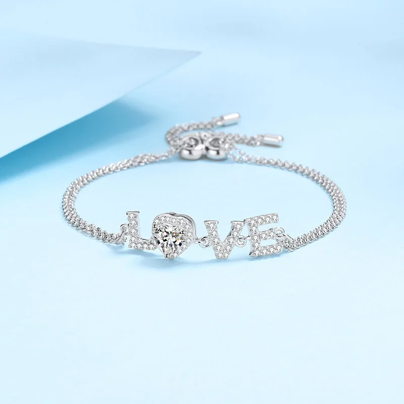 0.5ct Moissanite New S925 Sterling Silver Adjustable Push-pull Heart-shaped Women's Bracelet Valentine's Day Gift