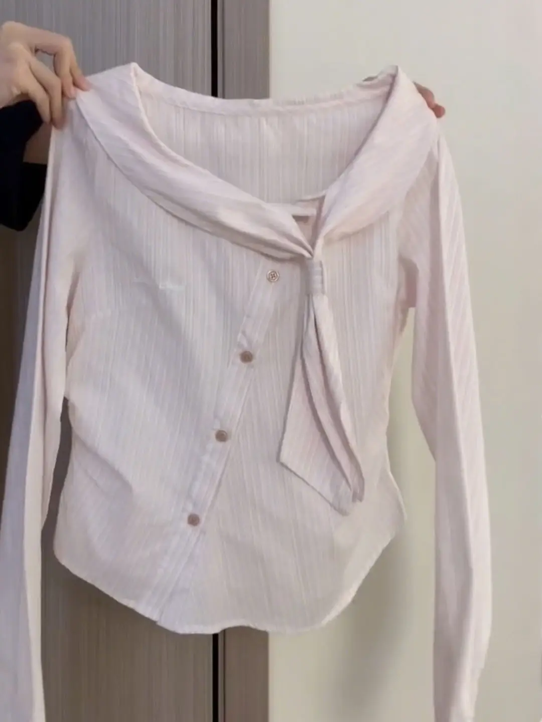 

Ретро-рубашка в корейском стиле с длинным рукавом, женская, для ранней весны, нежно-розовая, укороченная, приталенная, из хлопка и полиэстера