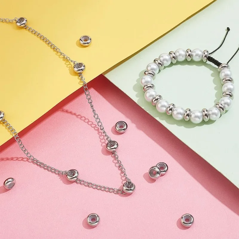 35pcs Stopper Beads 304 Stainless Steel Spacer Beads 10mm Rubber O Rings Insert Rubber Locating Ring for DIY Bracelet Necklace