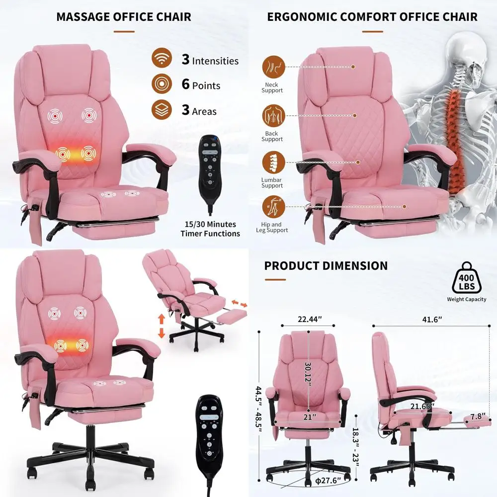 

Эргономичное офисное кресло с высокой спинкой, функцией подогрева и 6 точками вибрации, удобное для высоких и крупных людей, выдерживает до 400 фунтов, розовый цвет.