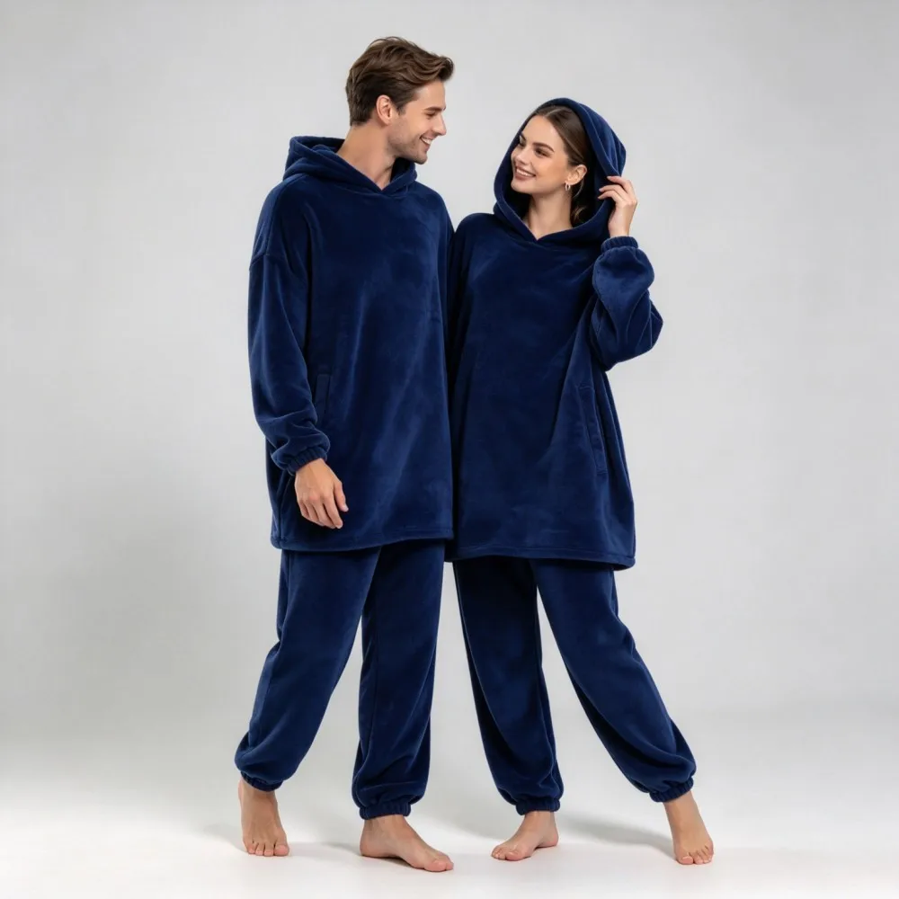Men's Pajamas Sets Winter Warm Flannel 2pcs Loungewear Adult Thick Cozy Soft Hoodies+Pants Pyjamas Suits Homewear Sleepwear Pjs