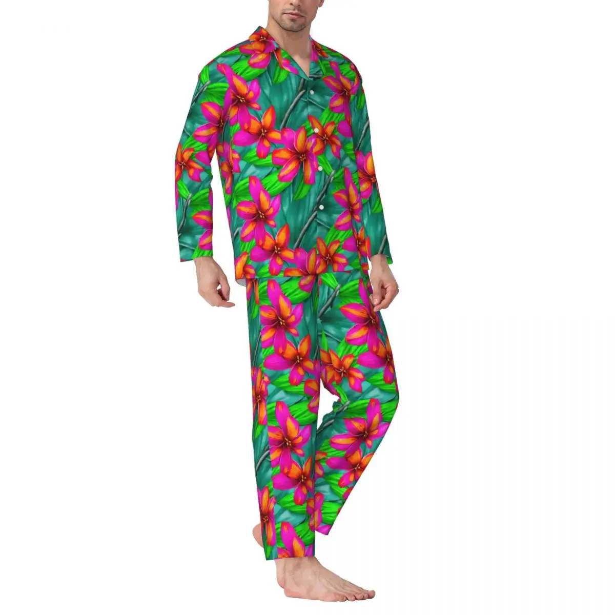 

Pajamas Male Tropical Floral Leisure Nightwear Paradise Print 2 Piece Casual Pajama Sets Long Sleeve Soft Oversized Home Suit