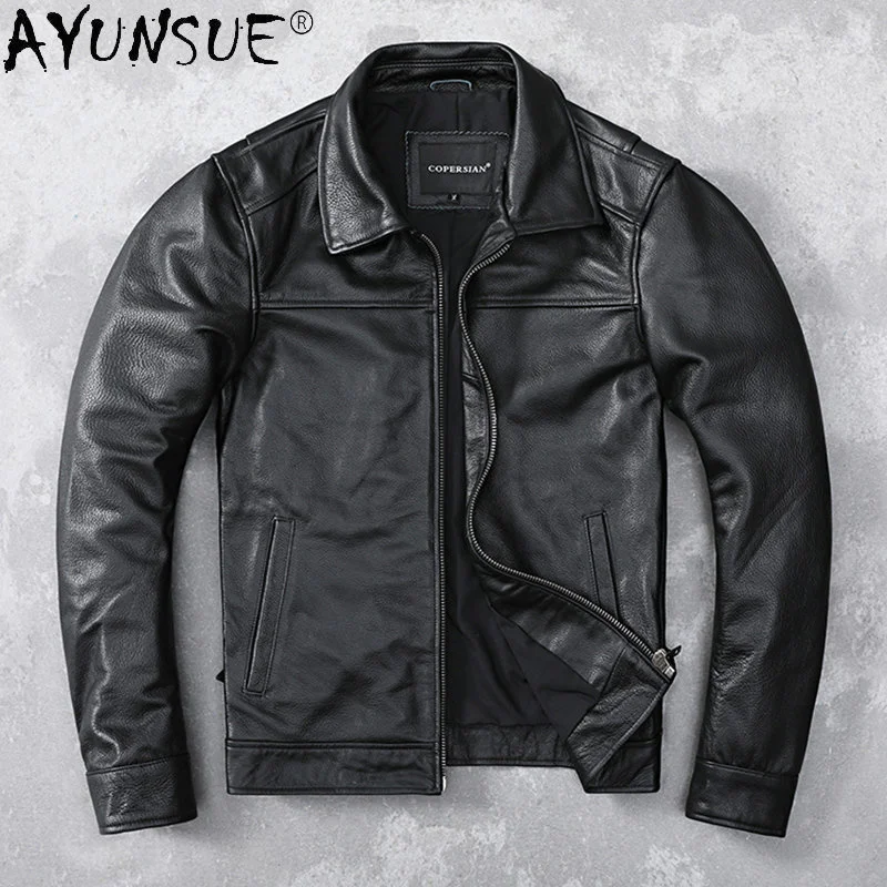 

Genuine Cow Leather Jacket Men Autumn Slim Casual Coats Short Real Cowhide for Style Black s