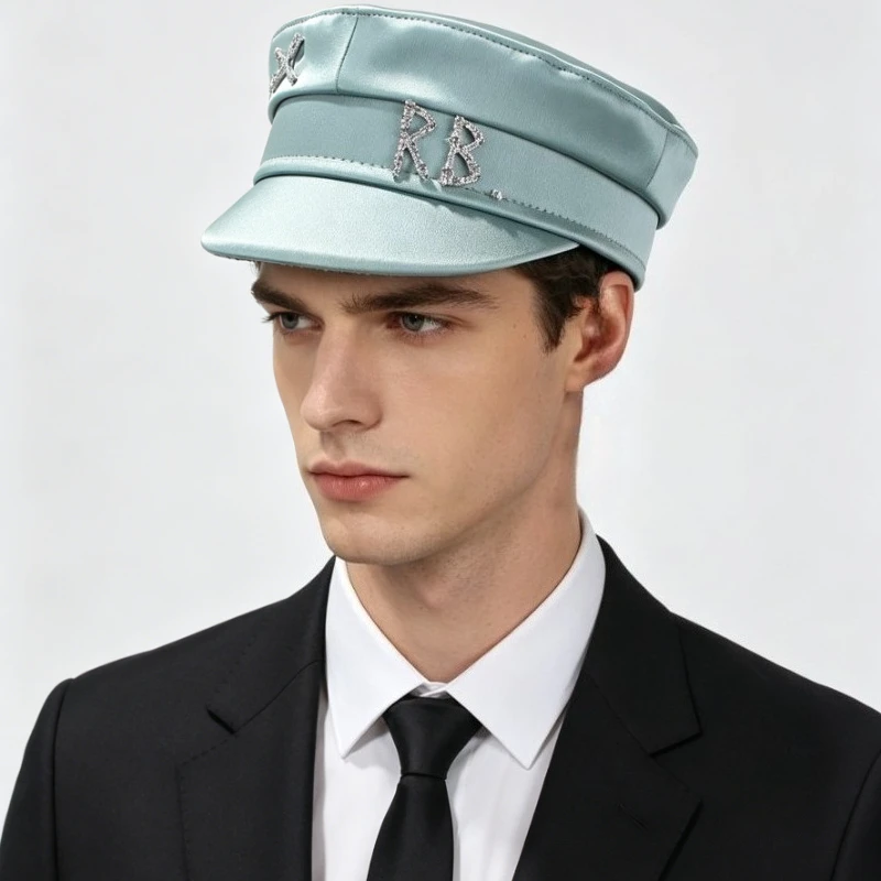 Neue Markendesigner Frühling-Sommer-Kappen für Damen Blaue Newsboy-Mütze mit Diamant-Buchstaben-Verzierung Satin-Baker-Boy-Hut Chapeau Homme – Detail 4