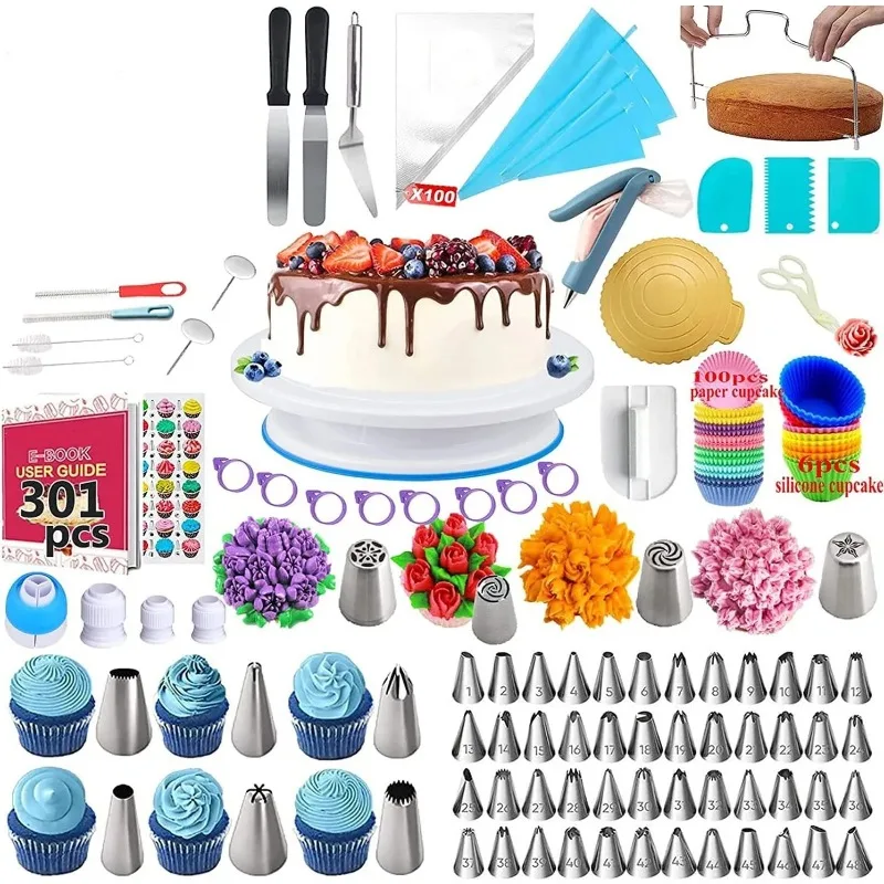 301PCS/Set Cake Baking Accessories and Tools with Cake Turntable Pastry Piping Bag Piping Tips Cooking Dessert Decorating Kit