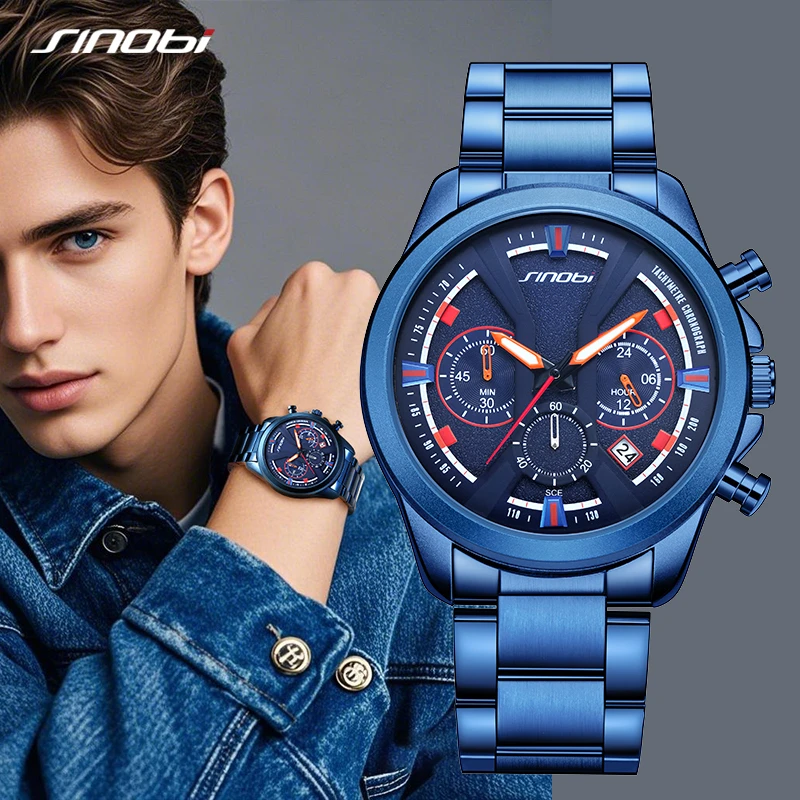 

SINOBI брендовые мужские часы, новые стили, хронограф, мужские кварцевые наручные часы, модные часы из нержавеющей стали, лучшие подарки, часы-календарь
