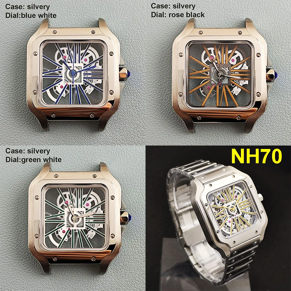 

New NH70 Square Case Men's Watch Silver Case Hollow Dial 38mm Case, Suitable for NH70 Movement Watch Accessories