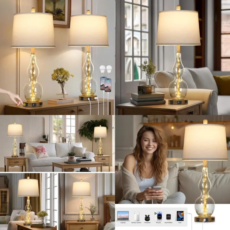 

27.5" Glass Table Lamp Set of 2 with Night Light, Bedside Lamps with USB Ports and AC Outlet, Modern Nightstand Lamps Retro Far