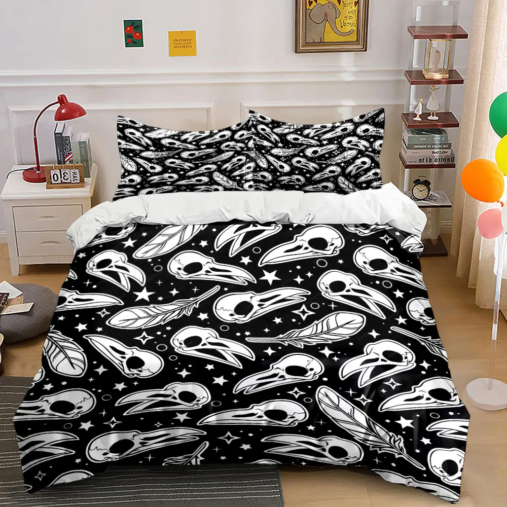 Raven skulls and feather Pattern Duvet Cover Set Digital Print Colorful Polyester Bedding with Zipper Closur for kids gifts