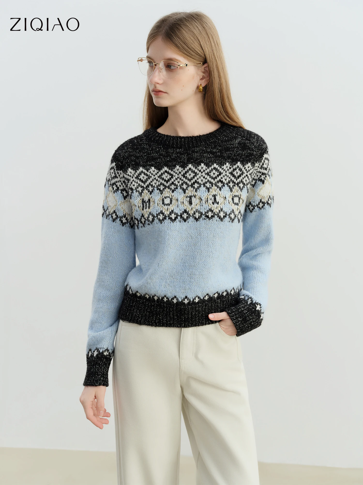 ZIQIAO Petite Women's Vintage Nordic Fair Isle Knit Sweater 2025 Winter New Arrival Crew Neck Casual Sweater Crew Neck Pullovers