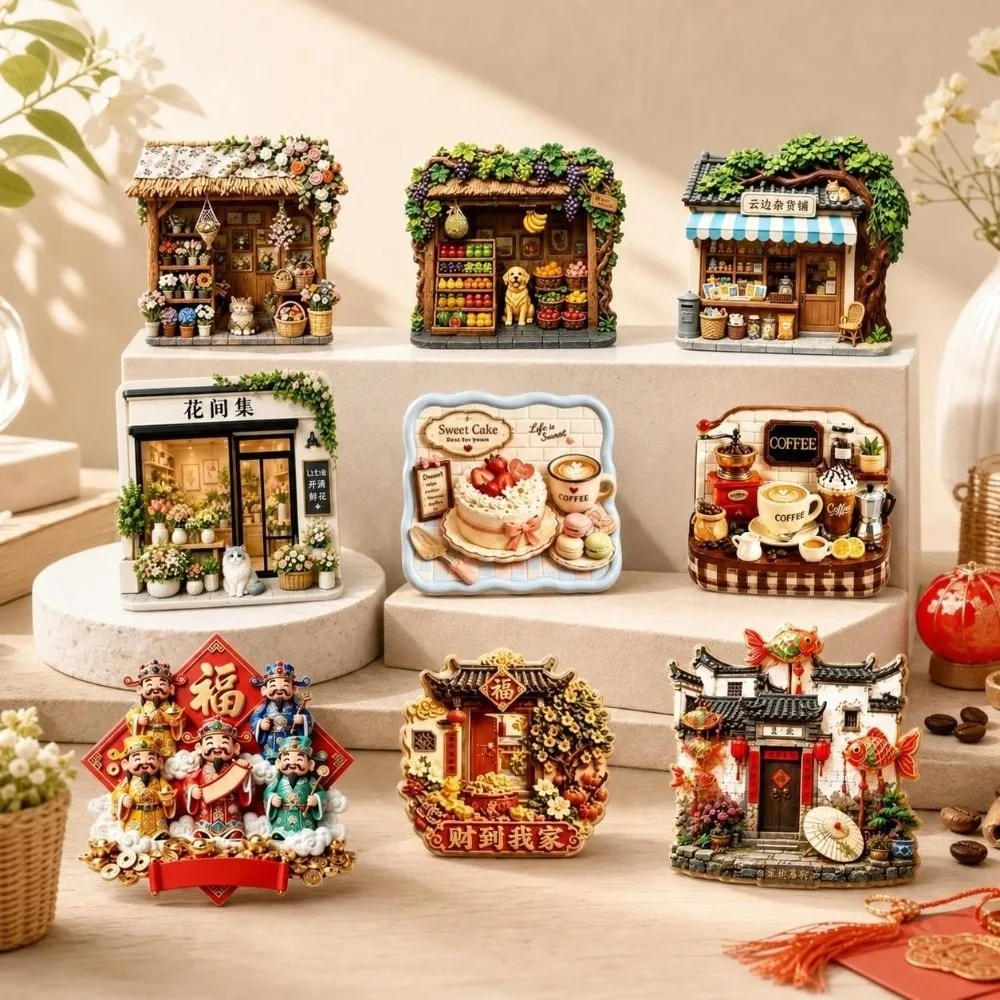 Chinese Style God of Wealth Refrigerator Magnet Shop Shape Rustic Style Home Decoration Cat Dog House Magnetic Sticker Gift