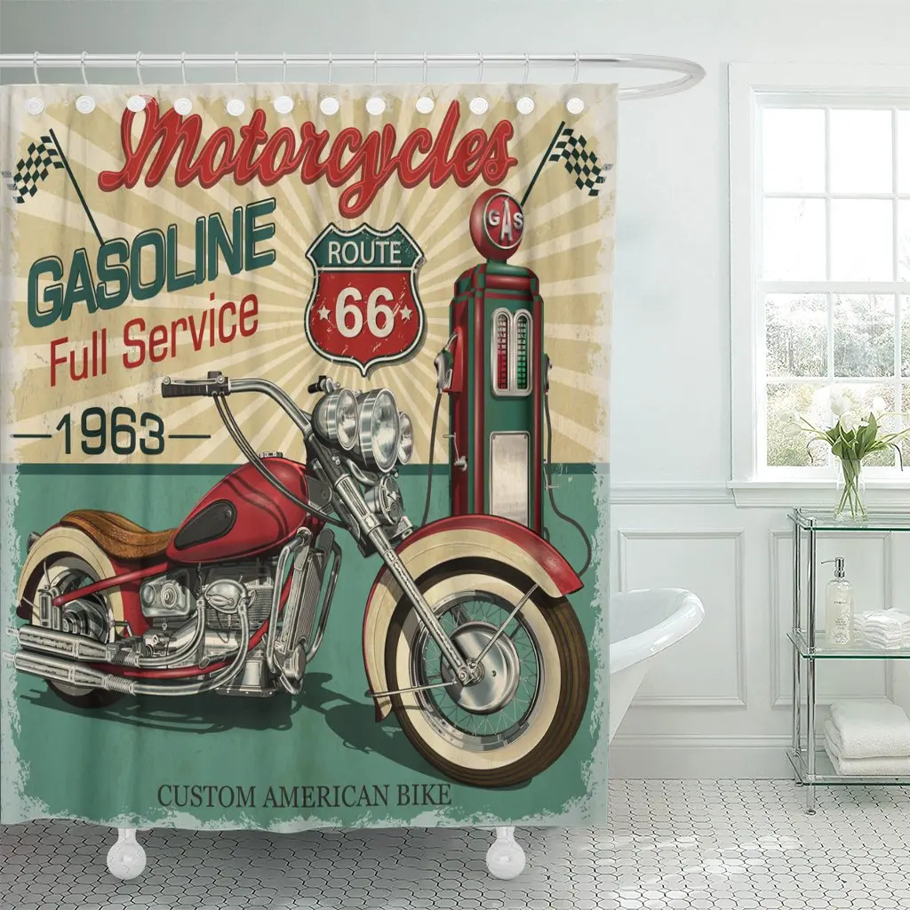 Shower Curtain Retro Vintage Gasoline Route 66 Classic Motorcycles Waterproof Polyester Fabric Bathtub Curtain With Hooks