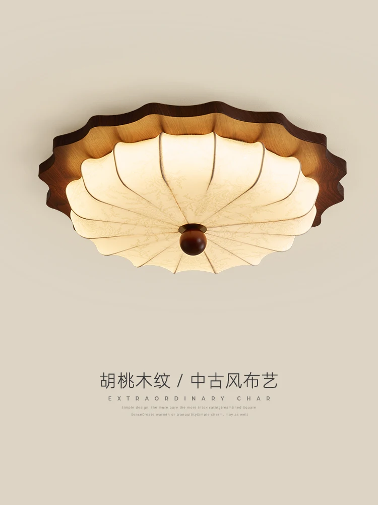 French Mid-Century Style Bedroom Ceiling Light, Retro Walnut Wood & Fabric Main Bedroom Lamp Creating Elegant Bedroom Atmosphere