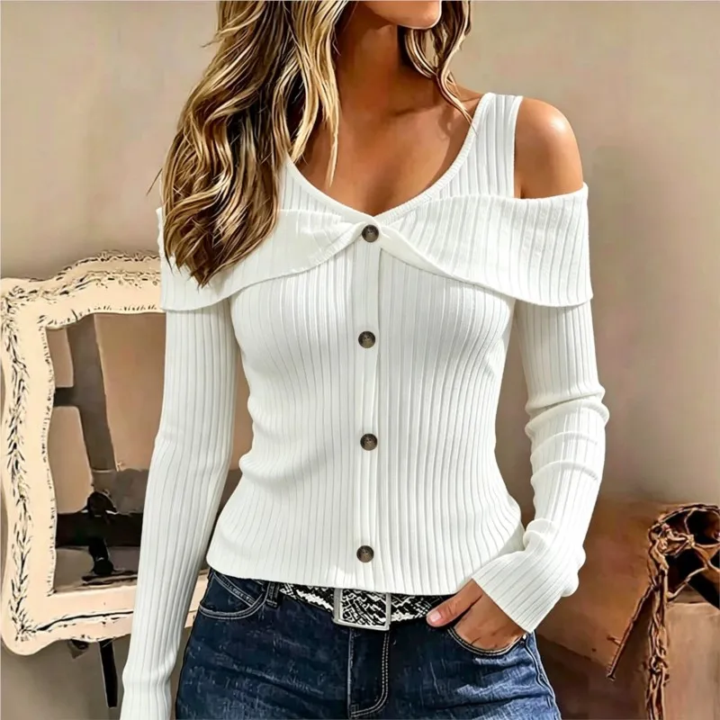 Women's Top Autumn And Winter New Slim Solid Color Button Design Off Shoulder Long Sleeve Pit Strip T-shirt For Women Casual