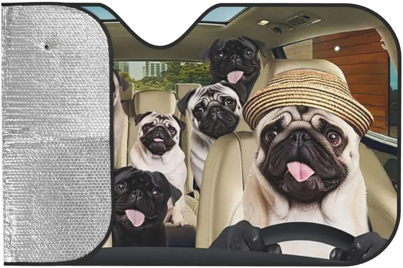 Funny Pug Driving Car Windshield Sun Shade Foldable Car Front Window Sunshade for Car SUV Trucks Vans Heat Shield Blocker