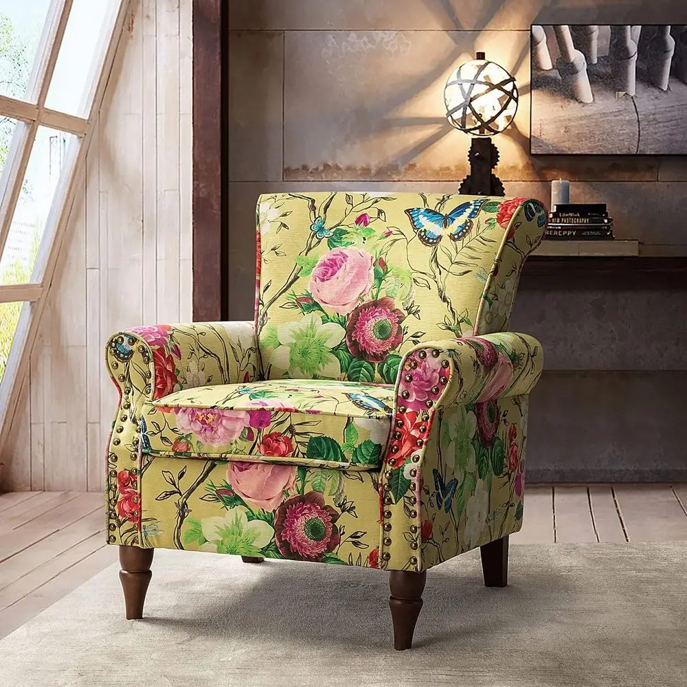 

Upholstered Wingback Chair with Wood Legs, Removable Cushion, Nail-Trim Accent Armchair for Living or Bedroom, Mustard