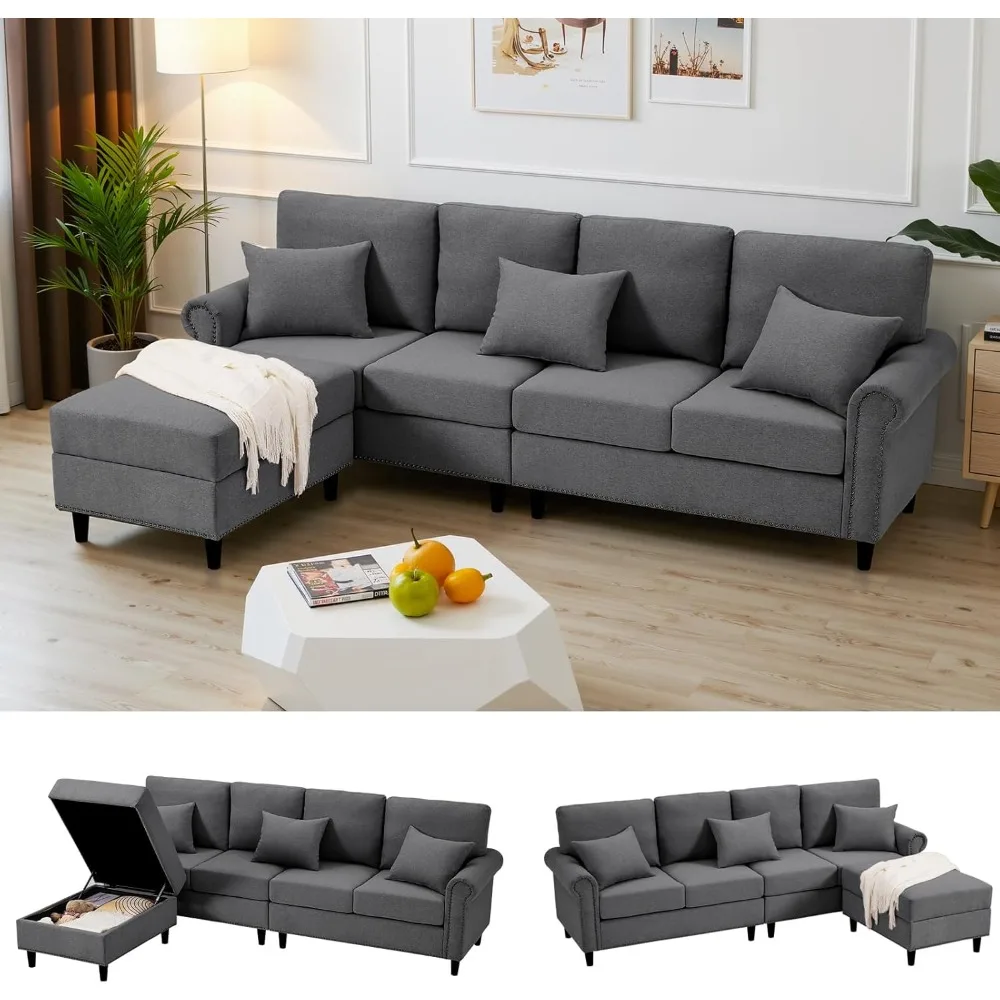 

Sectional Sofa Couches for Living Room with Ottoman, 100" Oversized Fabric L Shaped Sofa Sleeper with Storage Seats Modular Slee