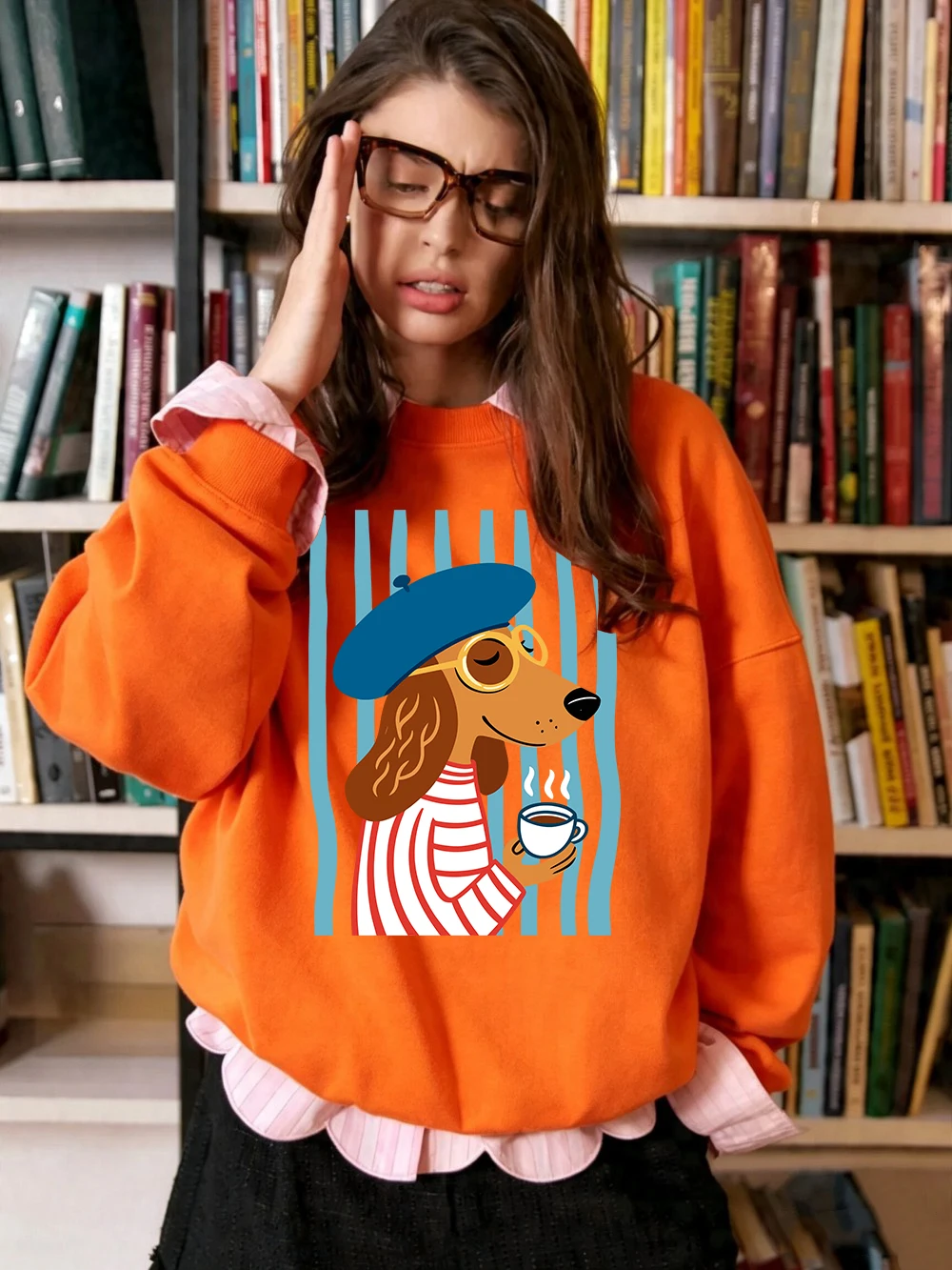 Sweatshirt mit französischer Dackel-Illustration, für Damen, lockerer, sportlicher Kapuzenpullover, Fleece, warm, Rundhalsausschnitt, Herbst, weiche Damenkleidung – Detail 15