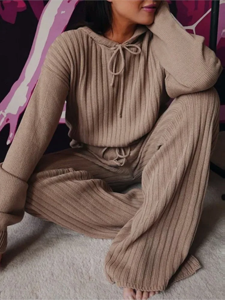 

Autumn Women Suit Fashion Solid Color Two Piece Set Casual Loose Pullover Hoodie And Loose Wide Legs Trousers Set 2025 Homewear