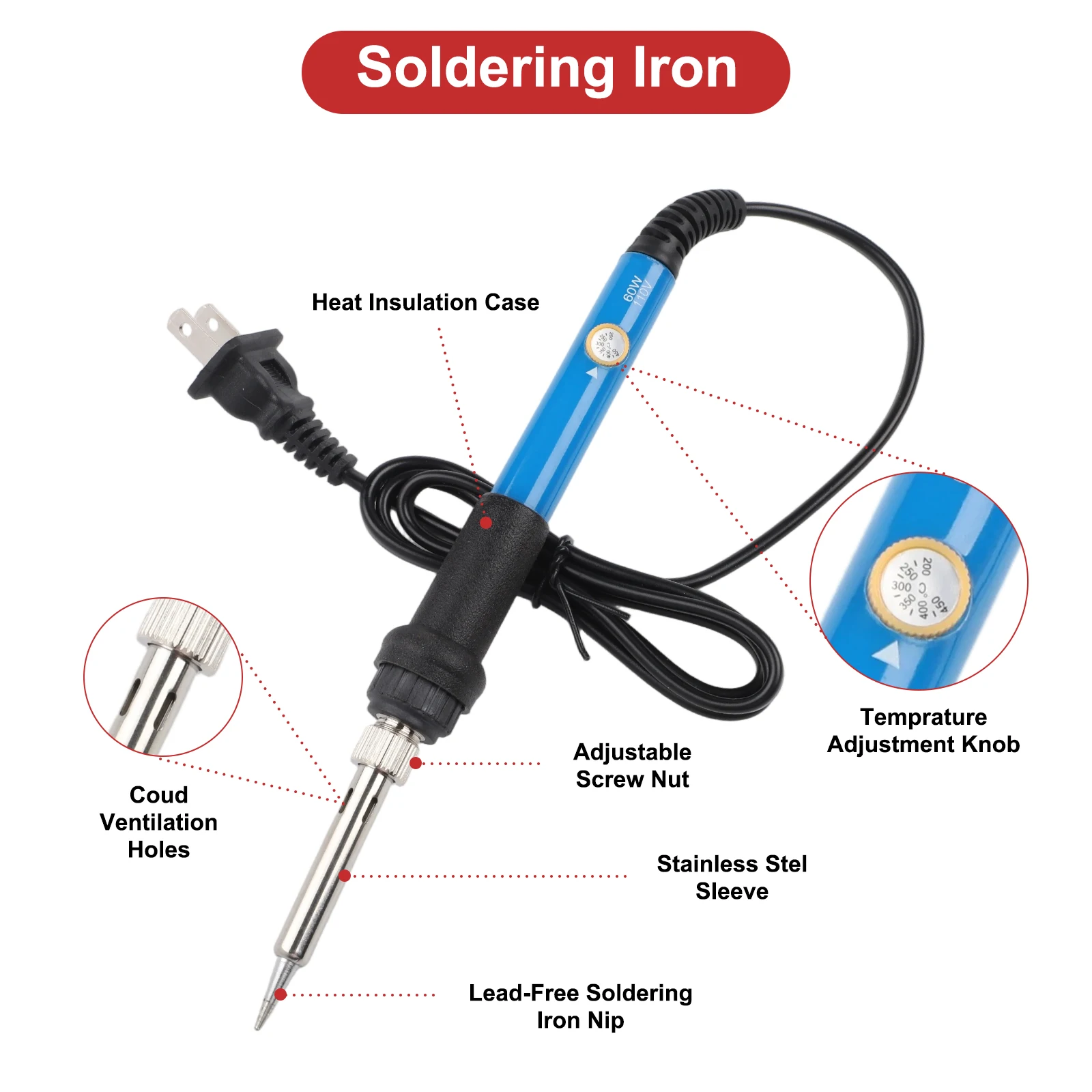 Adjustable Temperature Soldering Iron Kit 60W 200C-450C With Digital Multimeter Stand Tips Wire Stripper For Electronics DIY Rep