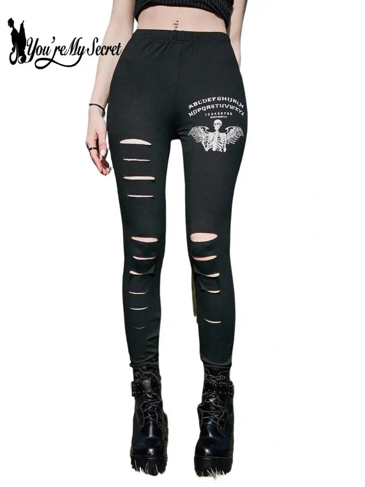 

[You're My Secret] Gothic Leggings for Women Shredded Hollow Out Pencil Pants Skeleton Sexy Leggings Fitness Yoga Outside Legins