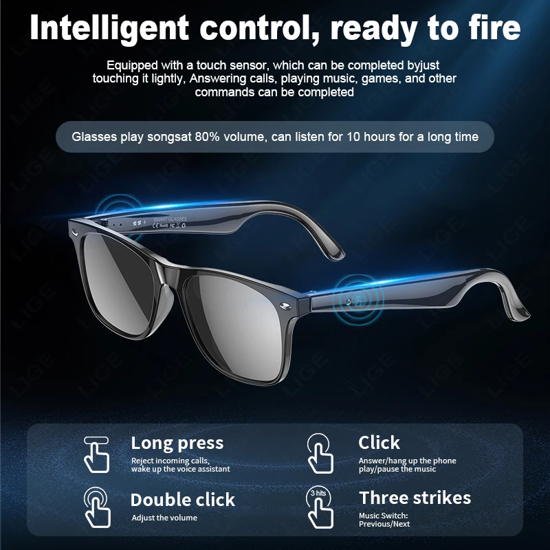 Inteligentne okulary Bezprzewodowe okulary przeciwsłoneczne Bluetooth Wbudowany mikrofon Głośniki Dotykowe i asystent głosowy Kompatybilne szkło dla mężczyzn i kobiet