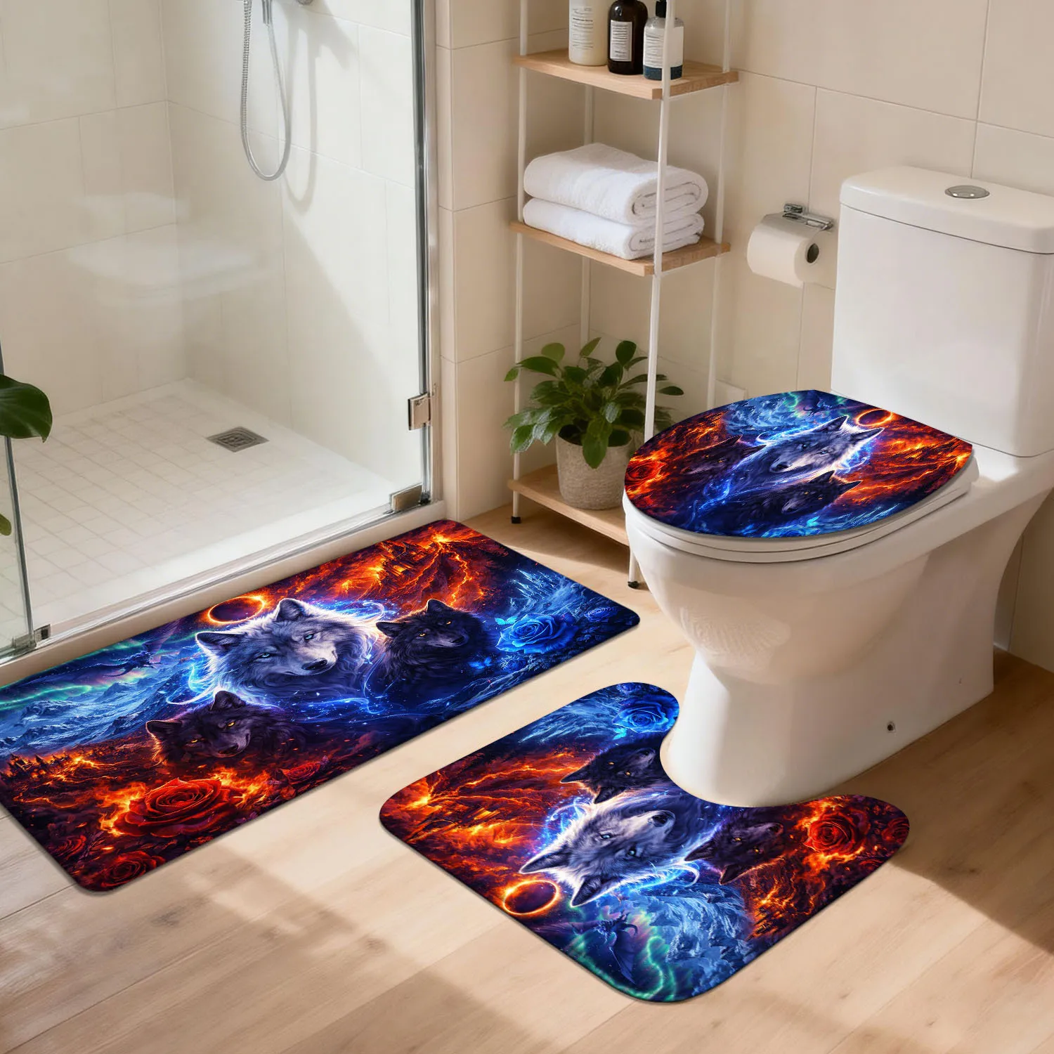 3pcs Ice Fire Three Wolf Bathroom Rug Set Non-Slip U-Shaped Mat and Toilet Lid Cover Animal Theme Washable Indoor Floor Mats