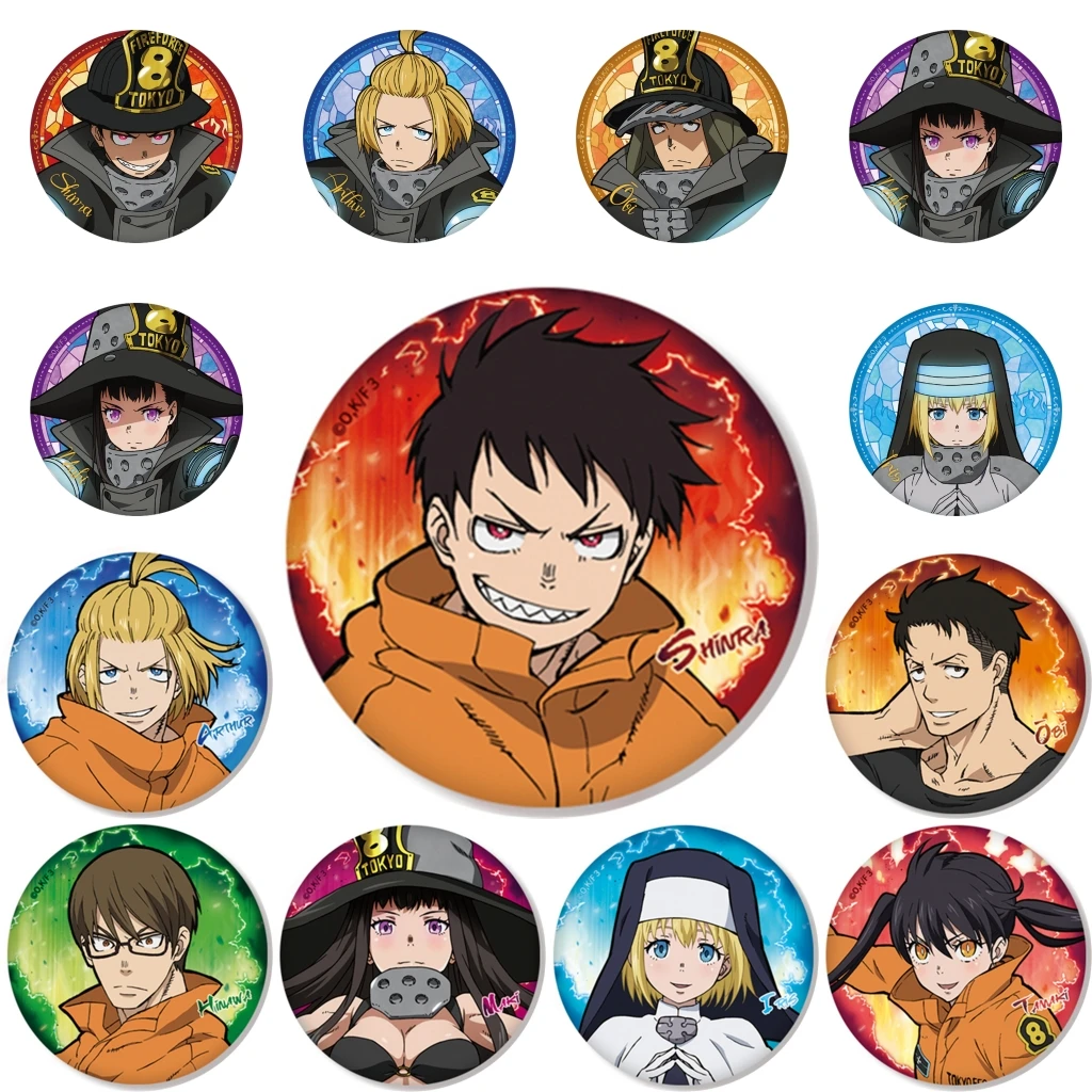 58 مللي متر أنيمي قوة النار شينرا كوساكابي آرثر بويل أكيراتو أوبي تأثيري حلي شارة دبوس SPTE صفيح بروش الدعامة عيد الميلاد جيلف