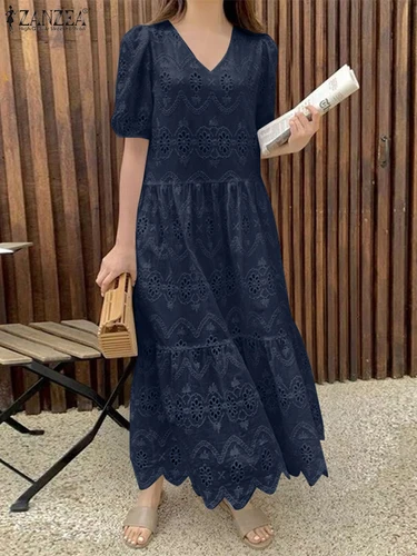 ZANZEA mujeres encaje dobladillo con volantes Vestidos Casual suelto sólido Maxi Vestidos moda cuello pico Puff manga bata 2025 vestido de algodón de verano