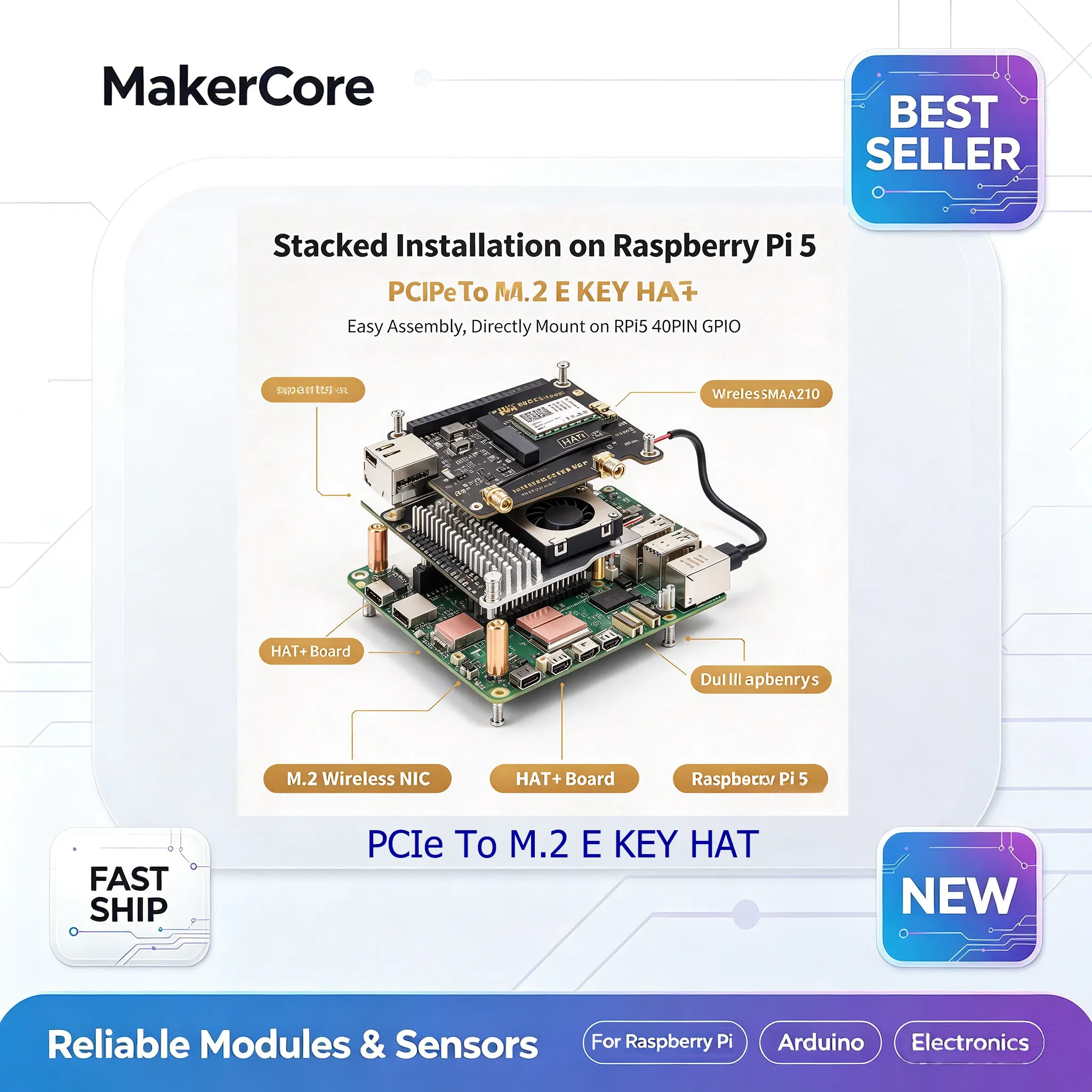 Waveshare PCIe to M.2 E Key Adapter for Raspberry Pi 5 Wireless NIC Expansion Board NGFF 2230 PCIe x1 Gen3 HAT Plus