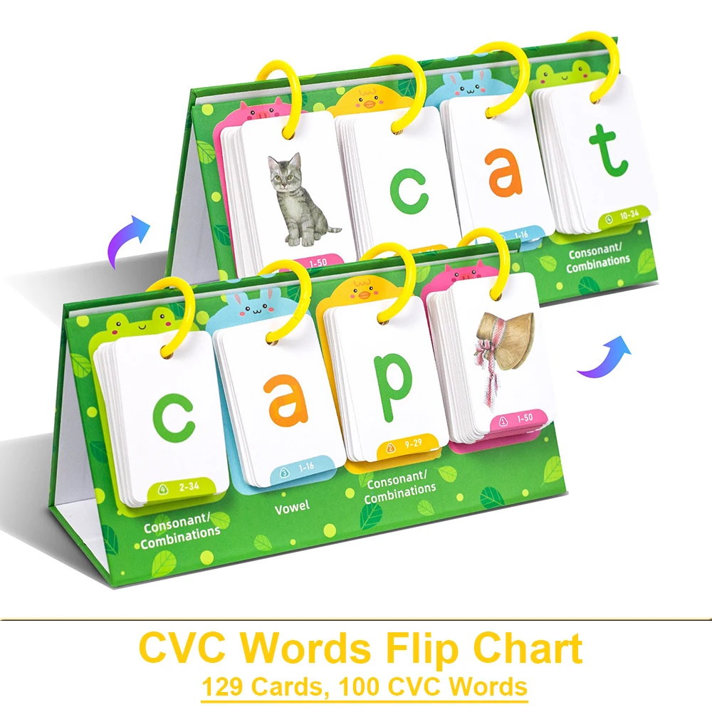 Kids CVC Words Flashcards Phonics Flip Chart Word Builder Sight Words Activity Learning Tool Speech Therapy Special Education